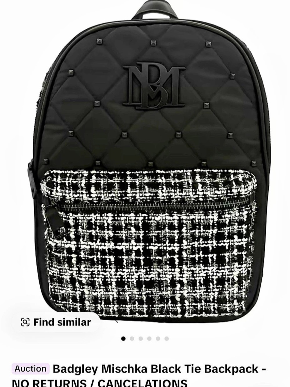 Badgley Mischka Black Quilted & Tweed Backpack in Black & White